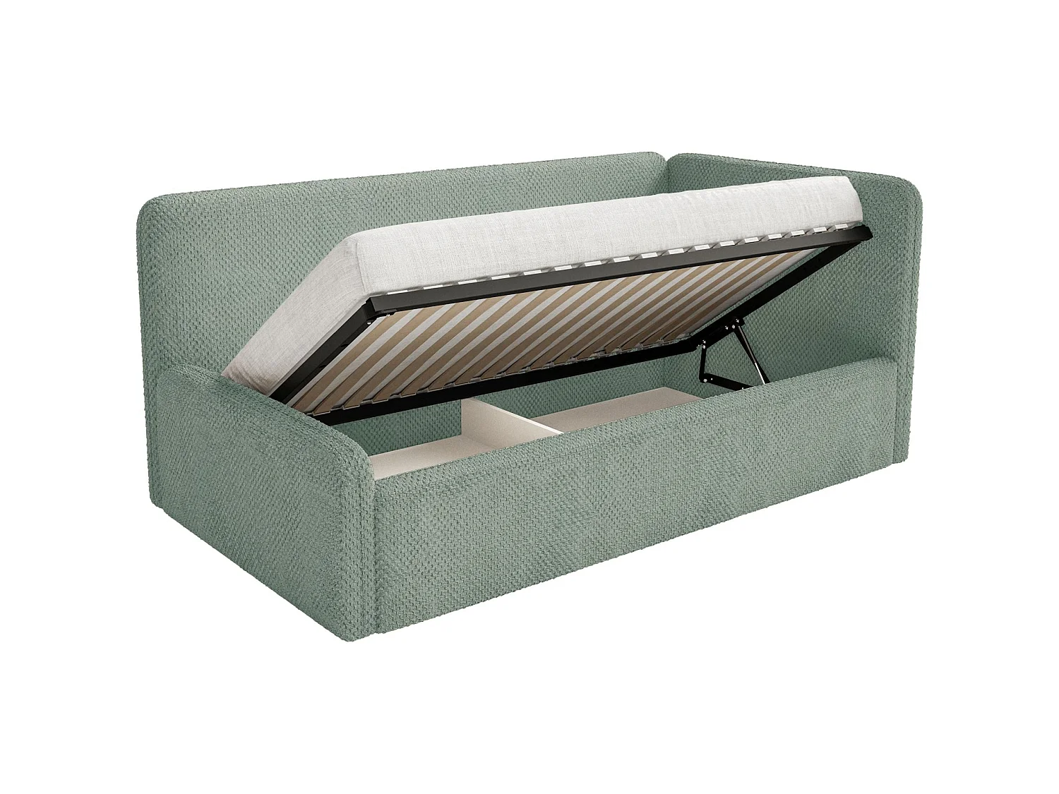 Lit enfant 90x200 – barrière de sécurité, tête de lit à droite – en peluche – vert sauge – FANKO