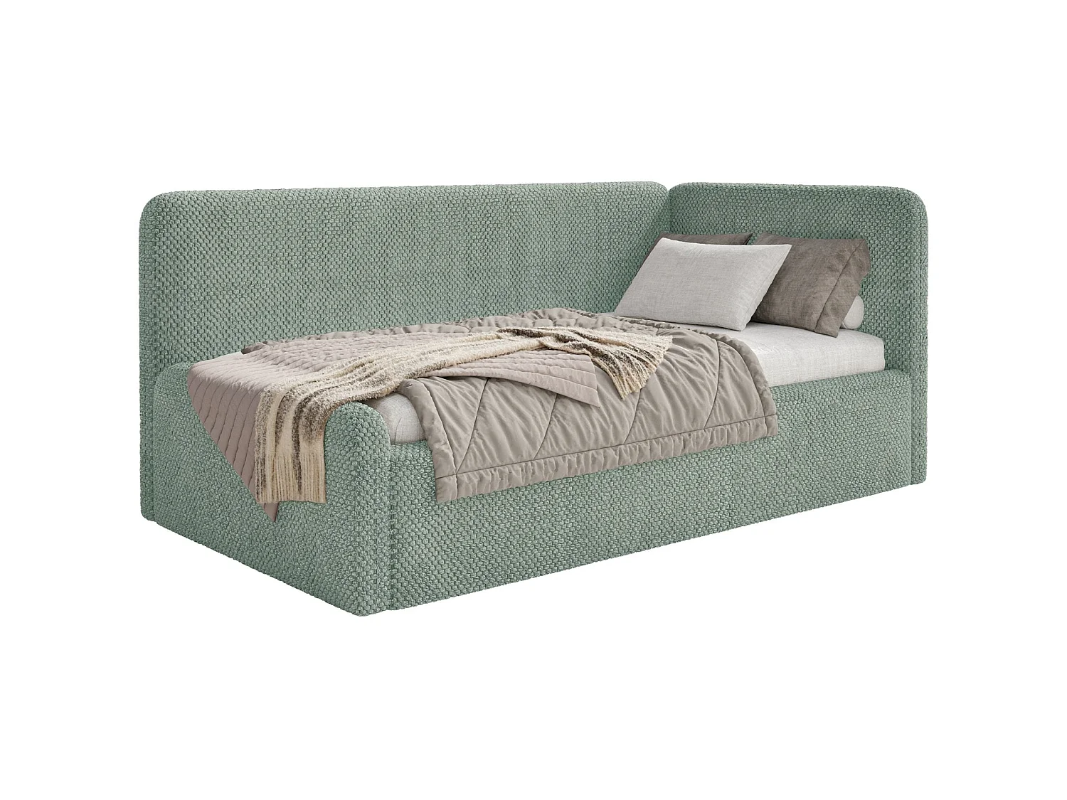 Lit enfant 90x200 – barrière de sécurité, tête de lit à droite – en peluche – vert sauge – FANKO