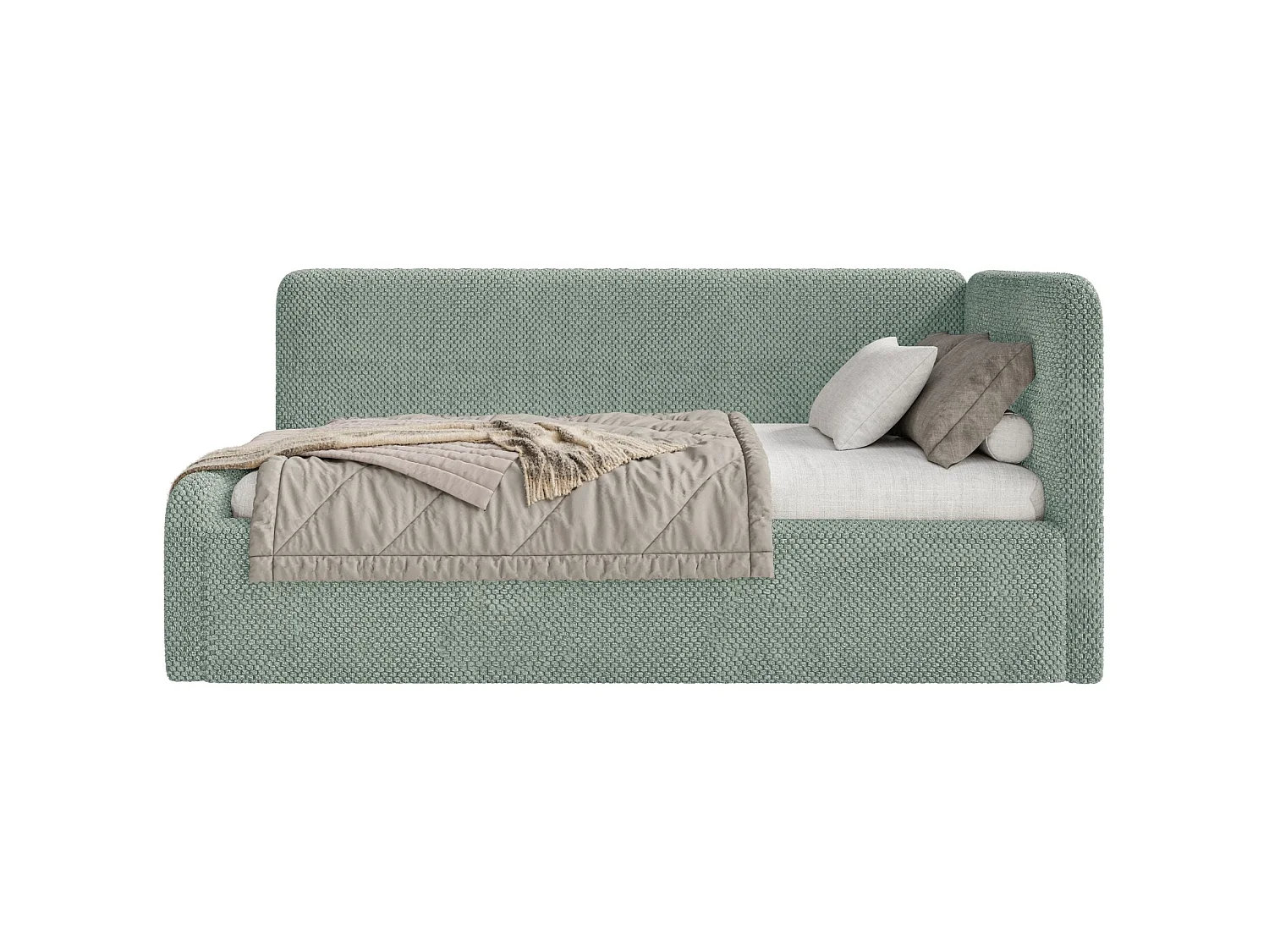 Lit enfant 90x200 – barrière de sécurité, tête de lit à droite – en peluche – vert sauge – FANKO