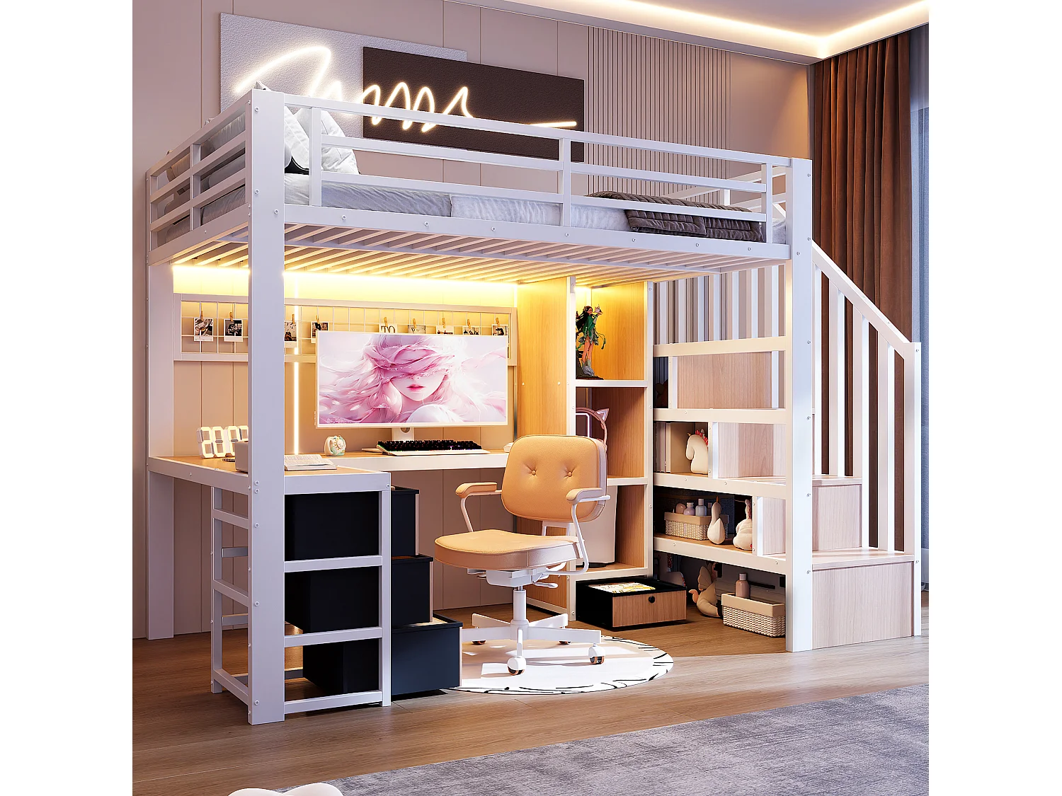 Lit mezzanine enfant - 90 x 200 cm - structure en fer - avec 4 tiroirs + étagère + escalier de rangement + Leds + bureau - métal - blanc