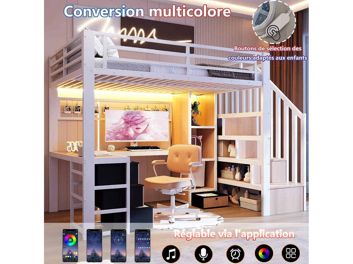 Lit mezzanine enfant - 90 x 200 cm - structure en fer - avec 4 tiroirs + étagère + escalier de rangement + Leds + bureau - métal - blanc