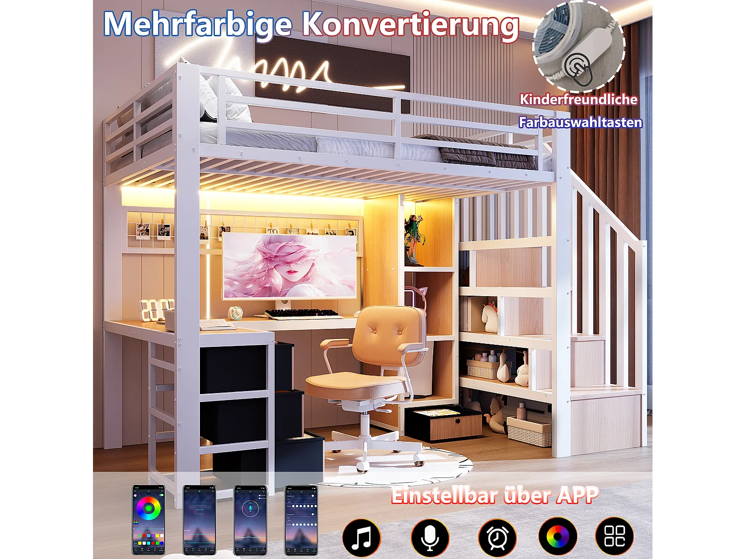 Lit mezzanine enfant - 90 x 200 cm - structure en fer - avec 4 tiroirs + étagère + escalier de rangement + Leds + bureau - métal - blanc