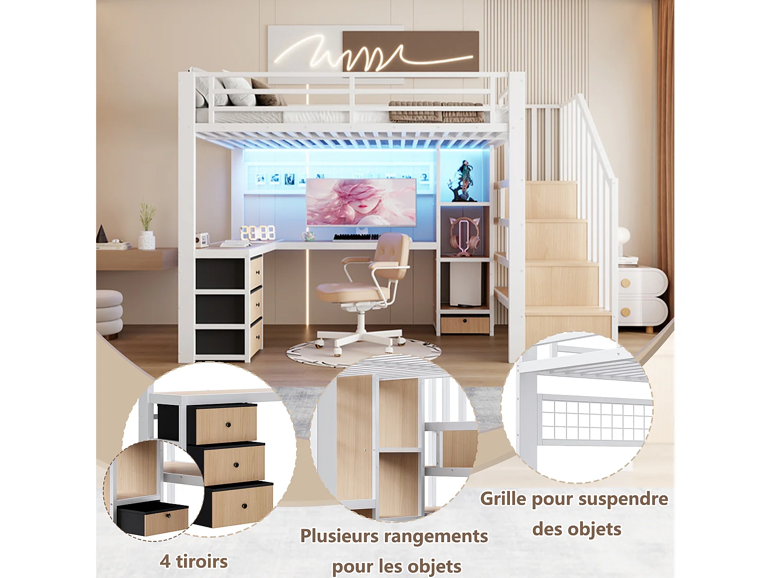 Lit mezzanine enfant - 90 x 200 cm - structure en fer - avec 4 tiroirs + étagère + escalier de rangement + Leds + bureau - métal - blanc