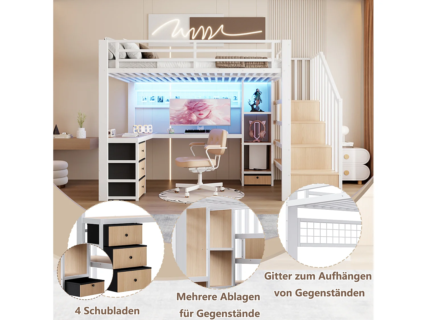 Lit mezzanine enfant - 90 x 200 cm - structure en fer - avec 4 tiroirs + étagère + escalier de rangement + Leds + bureau - métal - blanc