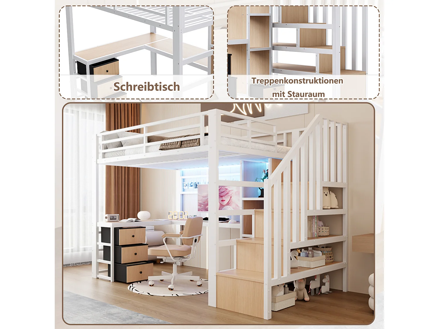 Lit mezzanine enfant - 90 x 200 cm - structure en fer - avec 4 tiroirs + étagère + escalier de rangement + Leds + bureau - métal - blanc