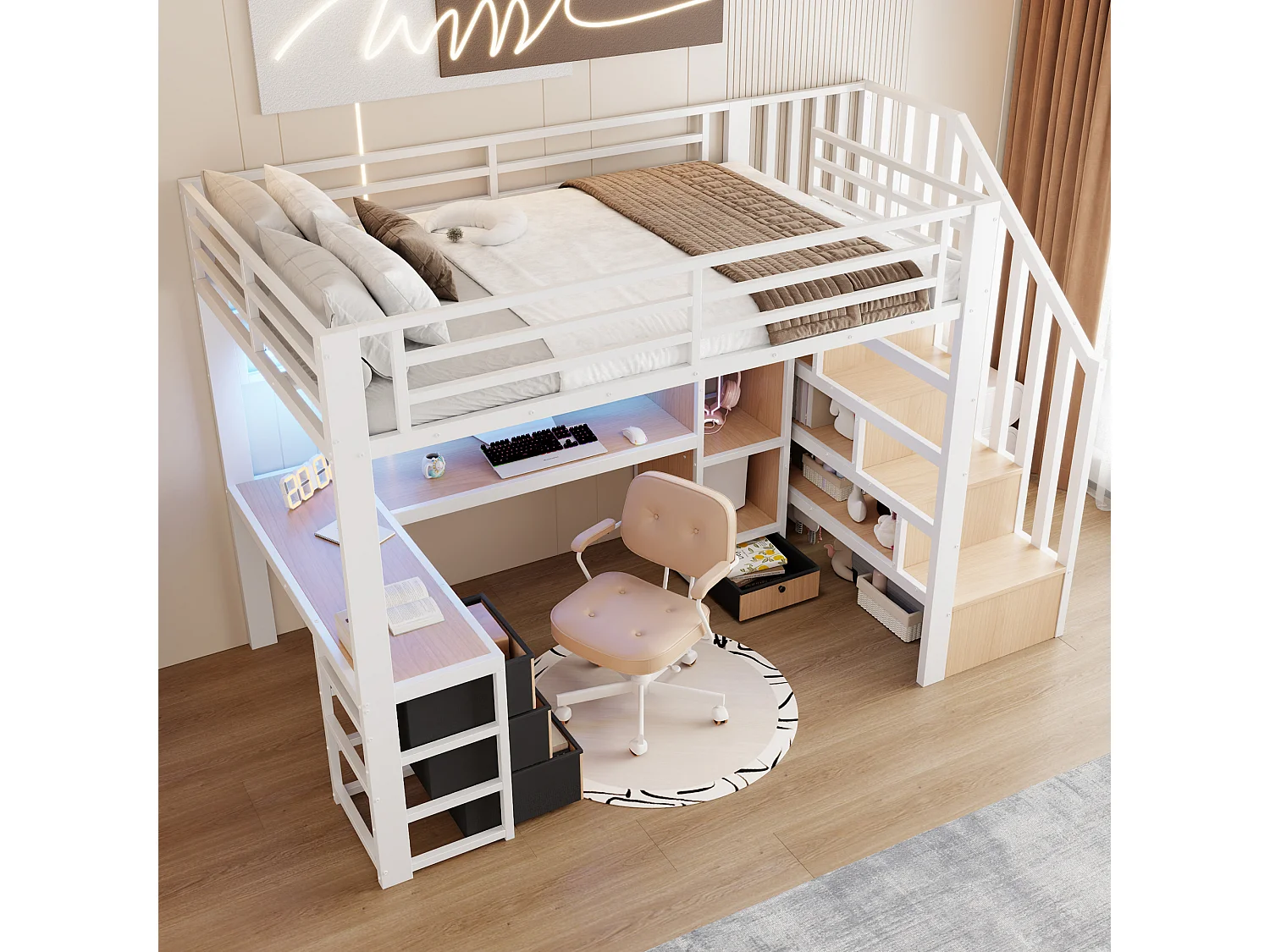 Lit mezzanine enfant - 90 x 200 cm - structure en fer - avec 4 tiroirs + étagère + escalier de rangement + Leds + bureau - métal - blanc