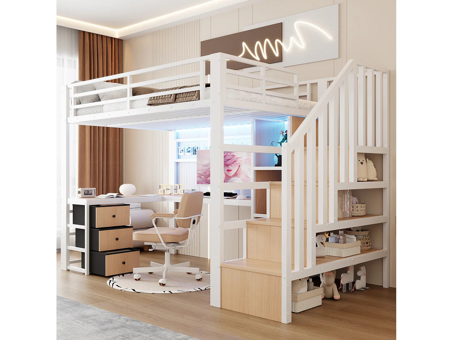 Lit mezzanine enfant - 90 x 200 cm - structure en fer - avec 4 tiroirs + étagère + escalier de rangement + Leds + bureau - métal - blanc