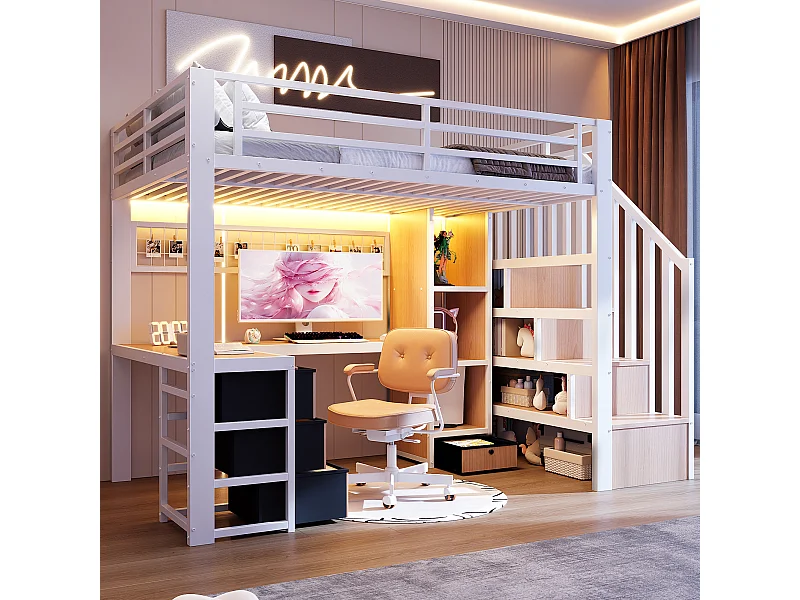 Lit mezzanine enfant - 90 x 200 cm - structure en fer - avec 4 tiroirs + étagère + escalier de rangement + Leds + bureau - métal - blanc