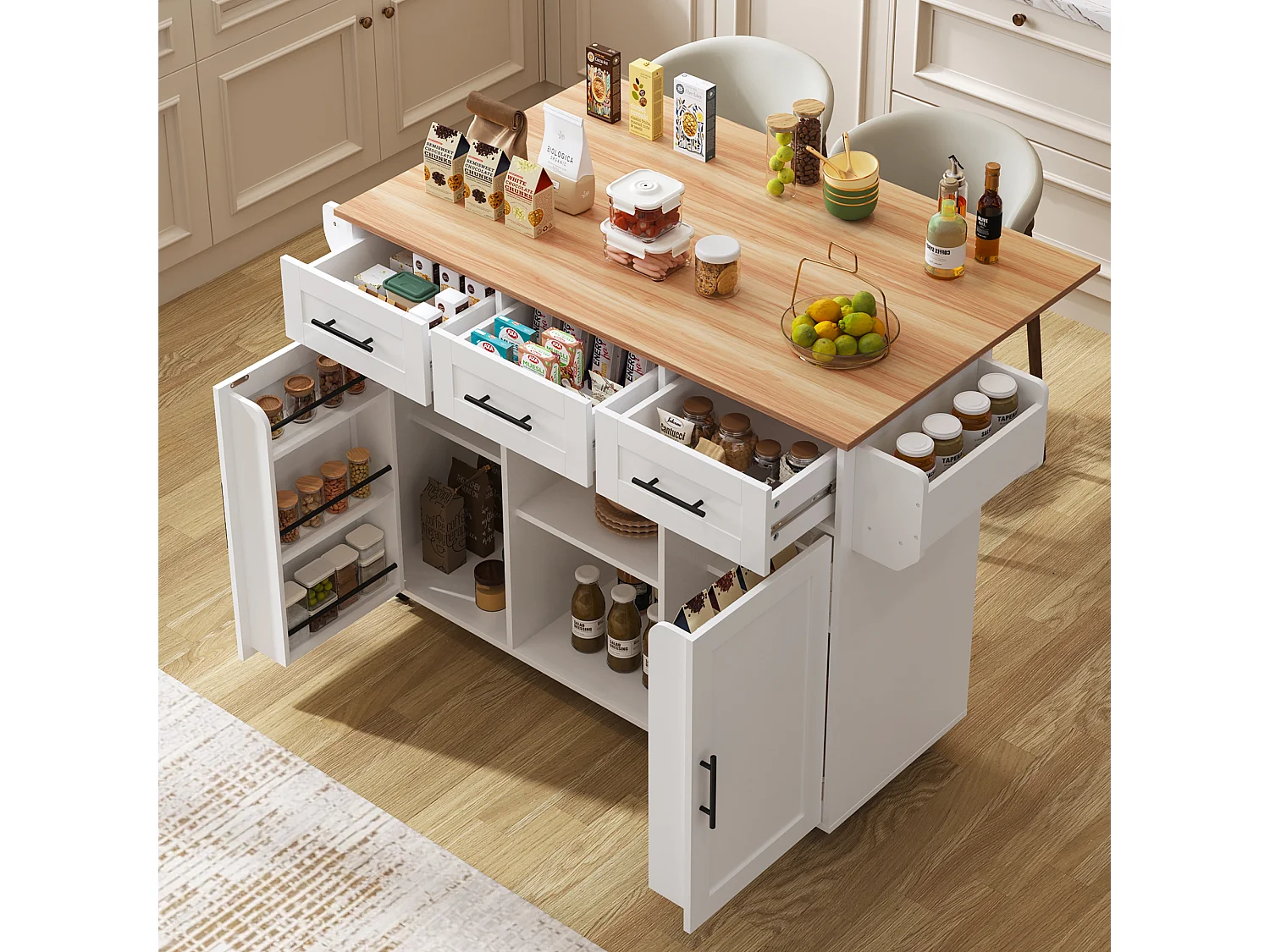 Keukeneiland op wielen met een inklapbaar blad - 139 x 46 (71) x 91,5 cm - met 2 deuren + 3 lades + planken - MDF - wit