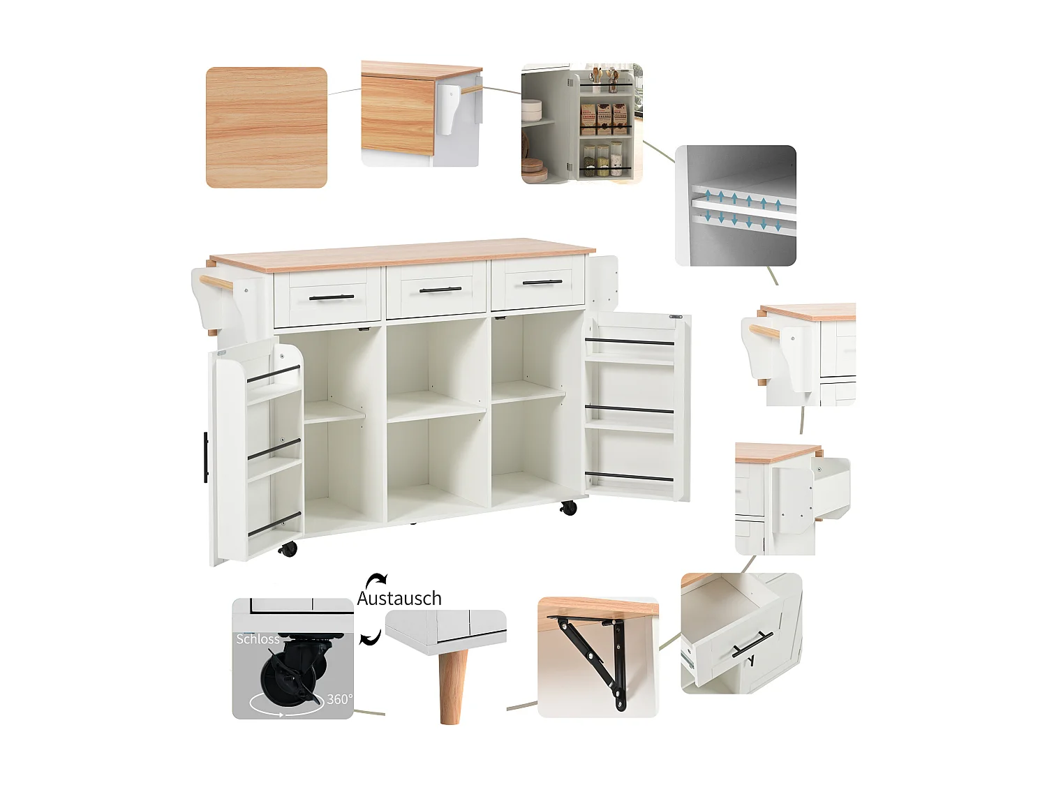 Keukeneiland op wielen met een inklapbaar blad - 139 x 46 (71) x 91,5 cm - met 2 deuren + 3 lades + planken - MDF - wit