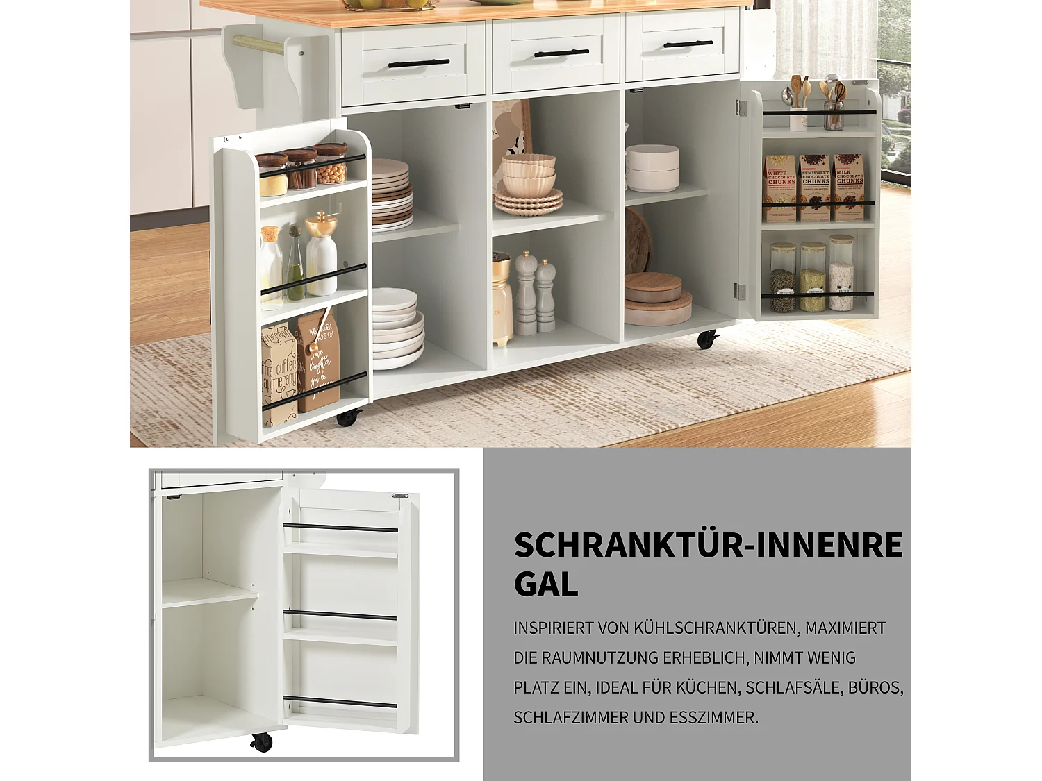 Keukeneiland op wielen met een inklapbaar blad - 139 x 46 (71) x 91,5 cm - met 2 deuren + 3 lades + planken - MDF - wit