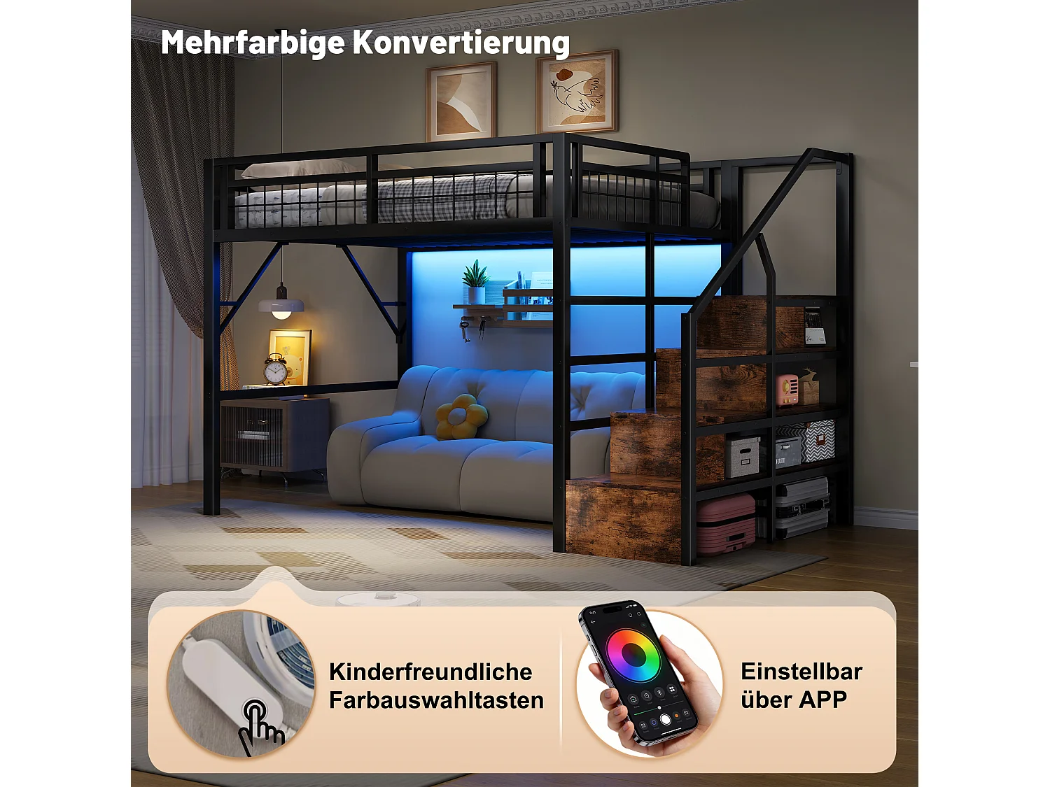 Lit mezzanine enfant - 140 x 200 cm - structure en fer - avec Leds + escalier de rangement - métal - noir