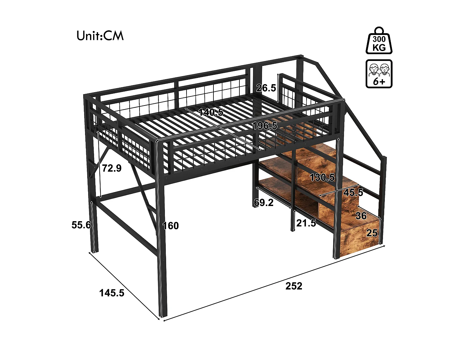 Lit mezzanine enfant - 140 x 200 cm - structure en fer - avec Leds + escalier de rangement - métal - noir