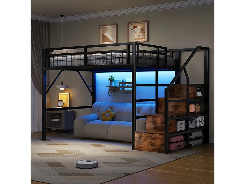 Lit mezzanine enfant - 140 x 200 cm - structure en fer - avec Leds + escalier de rangement - métal - noir