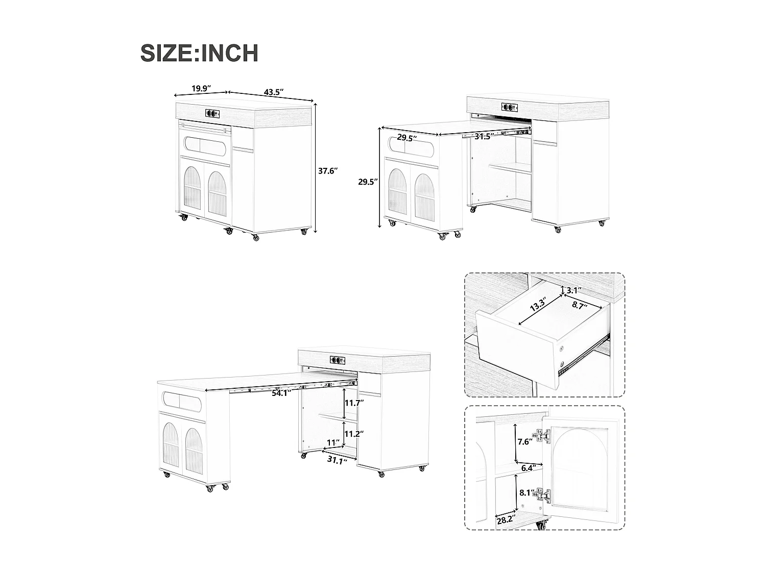 Uitschuifbaar keukeneiland op wielen met glazen blad - 110,5 x 50,5 x 95,5 cm - met deur en lade - MDF + glas - zwart