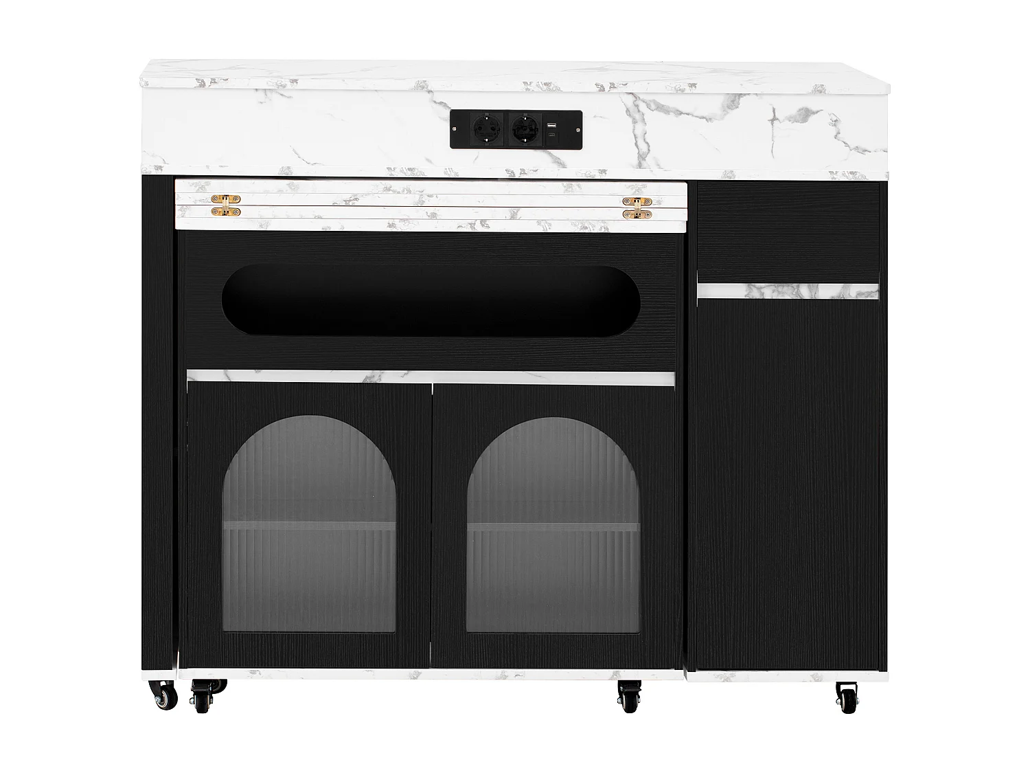 Uitschuifbaar keukeneiland op wielen met glazen blad - 110,5 x 50,5 x 95,5 cm - met deur en lade - MDF + glas - zwart