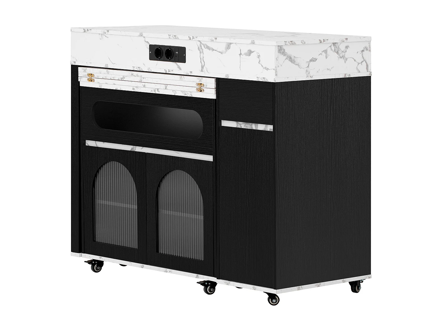 Uitschuifbaar keukeneiland op wielen met glazen blad - 110,5 x 50,5 x 95,5 cm - met deur en lade - MDF + glas - zwart