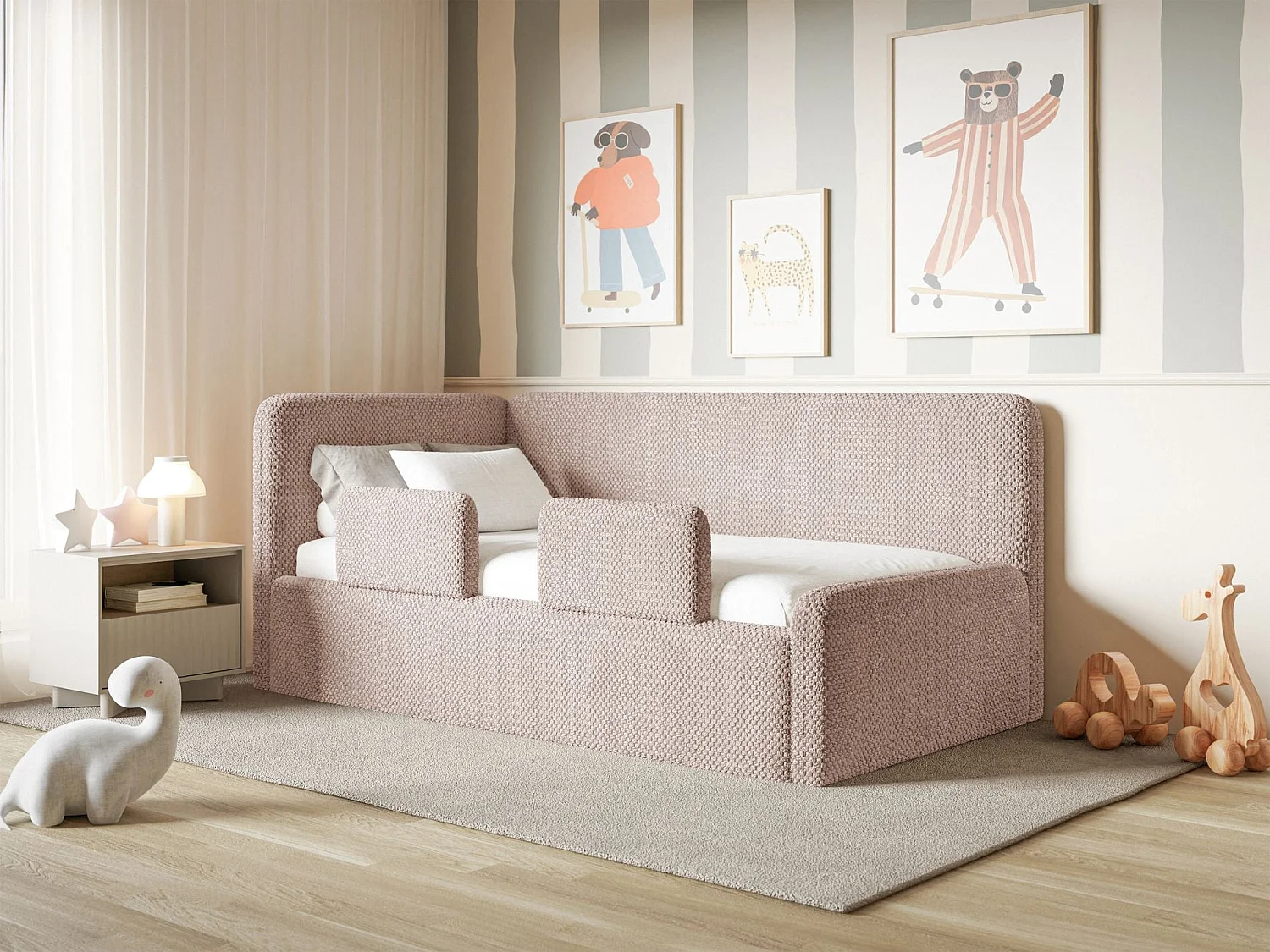 Lit junior 90x200 – tête de lit à gauche – en peluche – rose poudré – FANKO