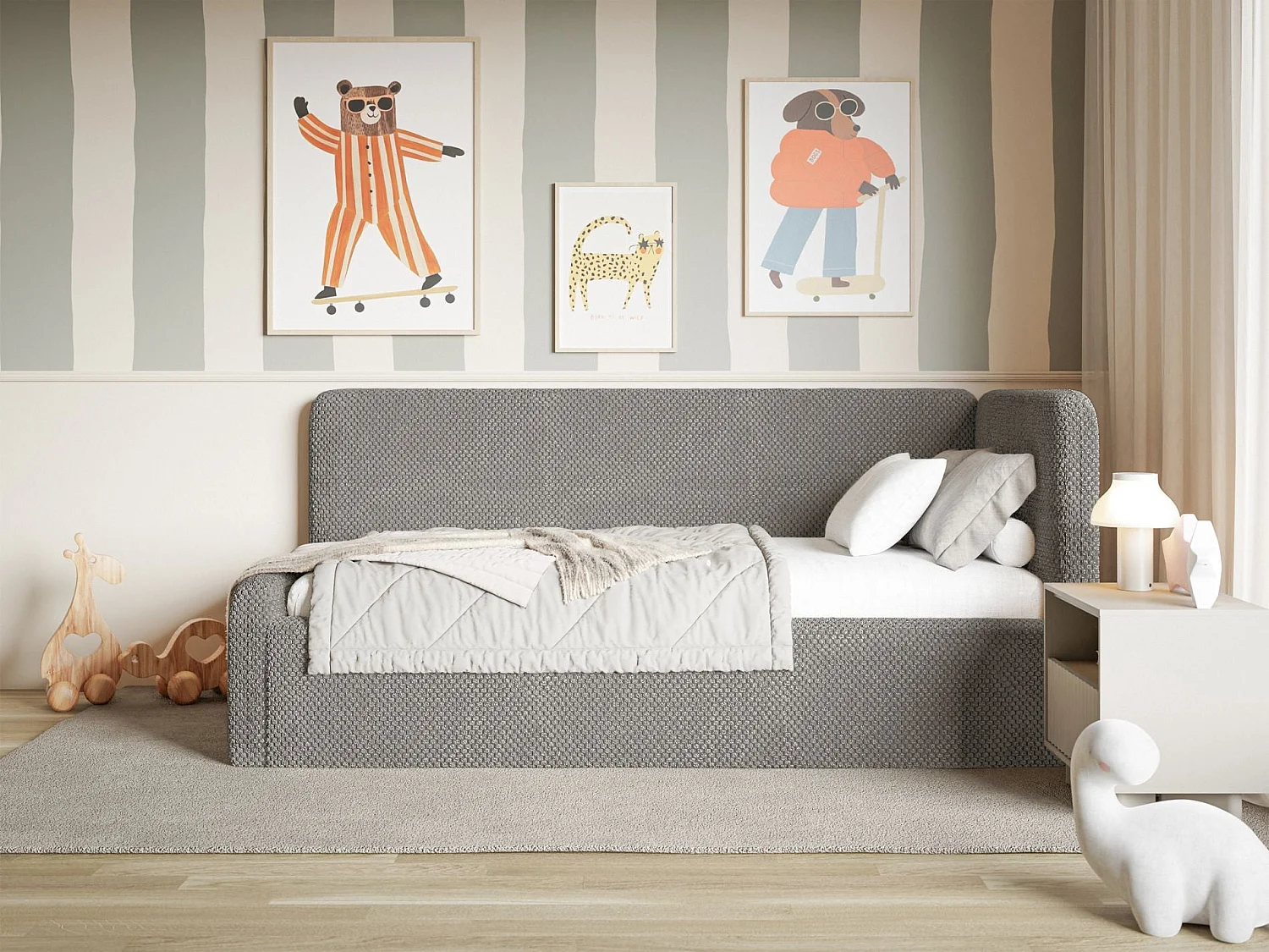 Lit junior 90x200 – barrière de sécurité, matelas, tête de lit à droite – en peluche – taupe – FANKO