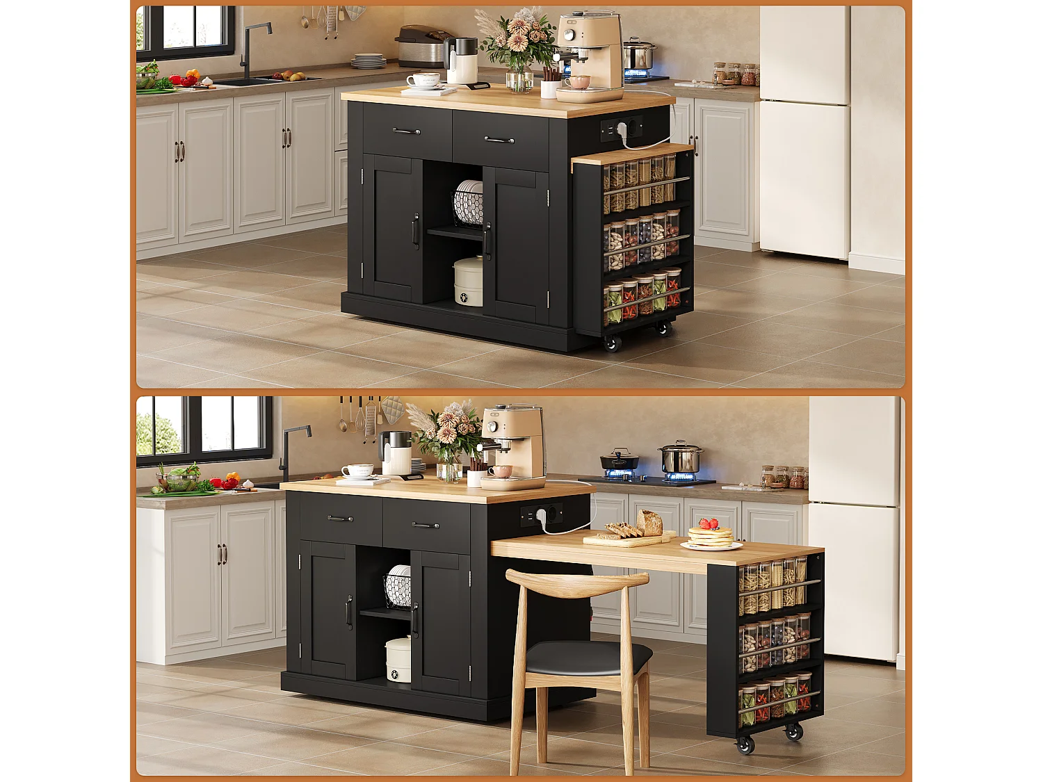 Îlot de cuisine mobile avec table extensible - 132/235 x 60 x 93 cm - table de bar avec étagères + portes + tiroir - MDF - noir