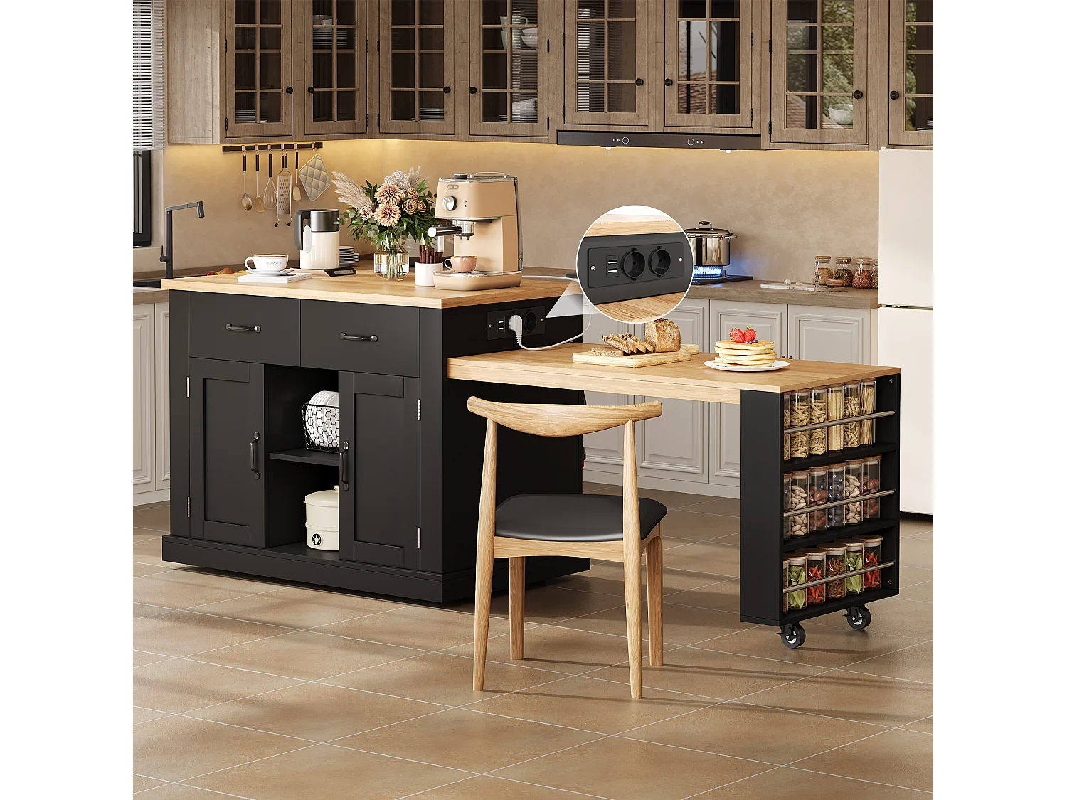 Îlot de cuisine mobile avec table extensible - 132/235 x 60 x 93 cm - table de bar avec étagères + portes + tiroir - MDF - noir