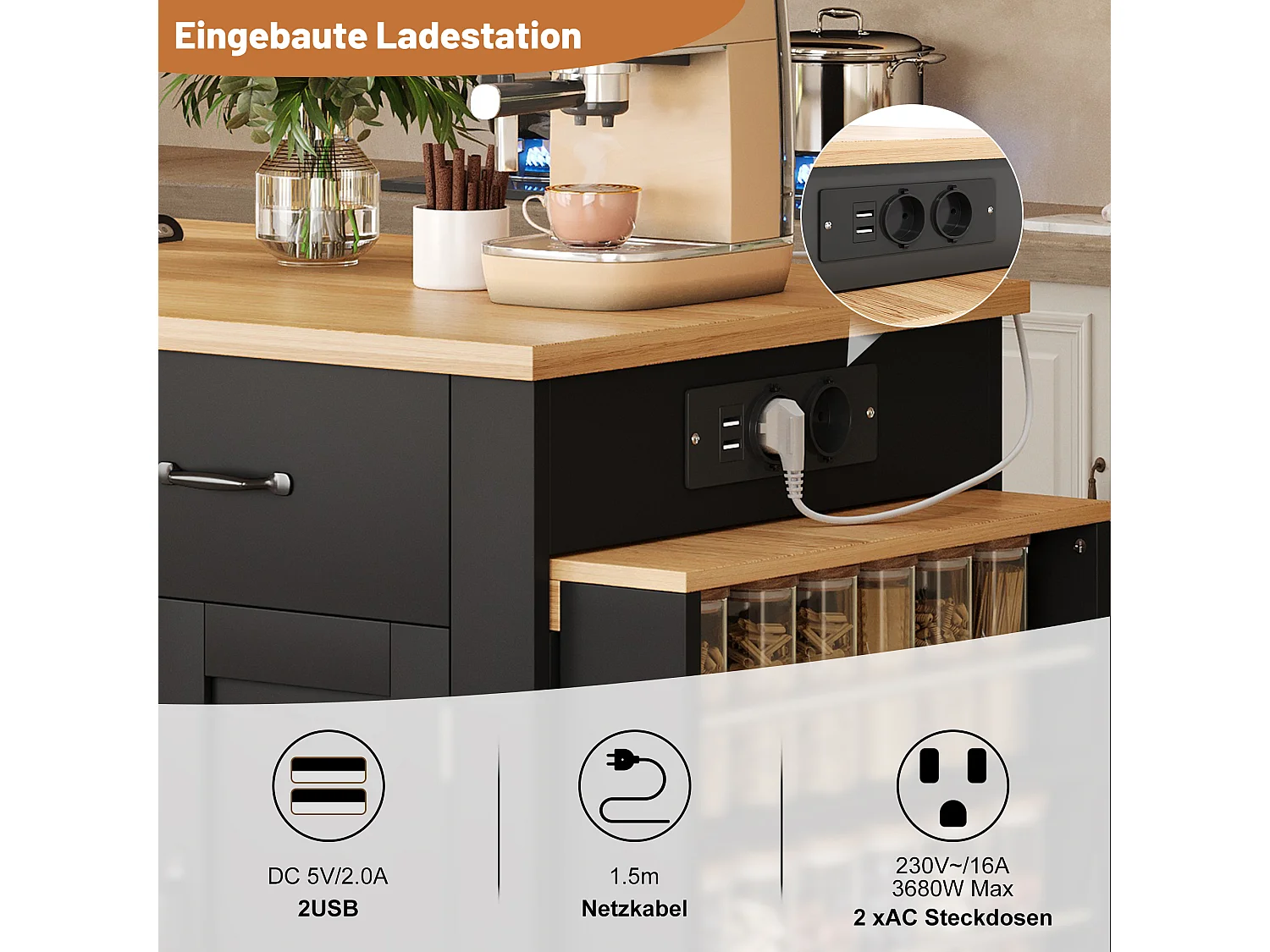 Îlot de cuisine mobile avec table extensible - 132/235 x 60 x 93 cm - table de bar avec étagères + portes + tiroir - MDF - noir