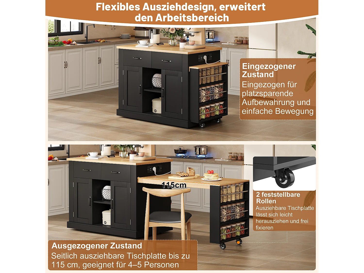 Îlot de cuisine mobile avec table extensible - 132/235 x 60 x 93 cm - table de bar avec étagères + portes + tiroir - MDF - noir