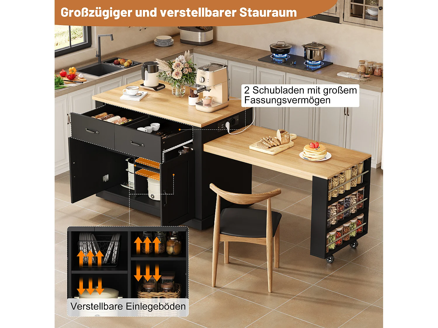 Îlot de cuisine mobile avec table extensible - 132/235 x 60 x 93 cm - table de bar avec étagères + portes + tiroir - MDF - noir