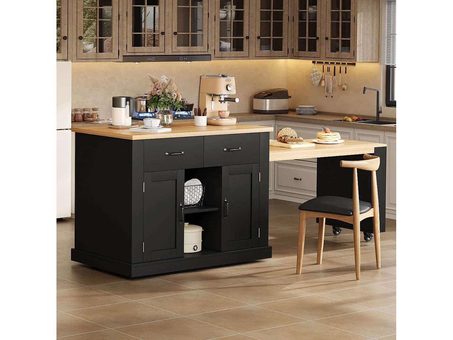 Îlot de cuisine mobile avec table extensible - 132/235 x 60 x 93 cm - table de bar avec étagères + portes + tiroir - MDF - noir