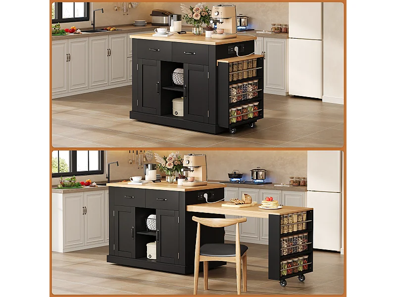 Îlot de cuisine mobile avec table extensible - 132/235 x 60 x 93 cm - table de bar avec étagères + portes + tiroir - MDF - noir