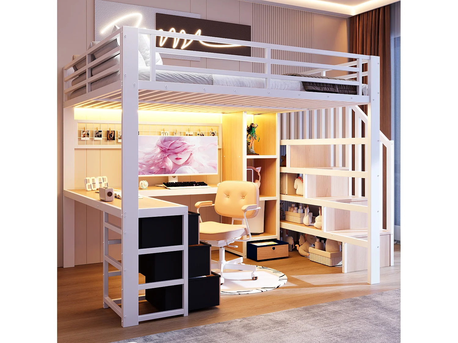 Lit mezzanine enfant - 140 x 200 cm - structure en fer - avec 4 tiroirs + étagère + escalier de rangement + Leds + bureau - métal - blanc