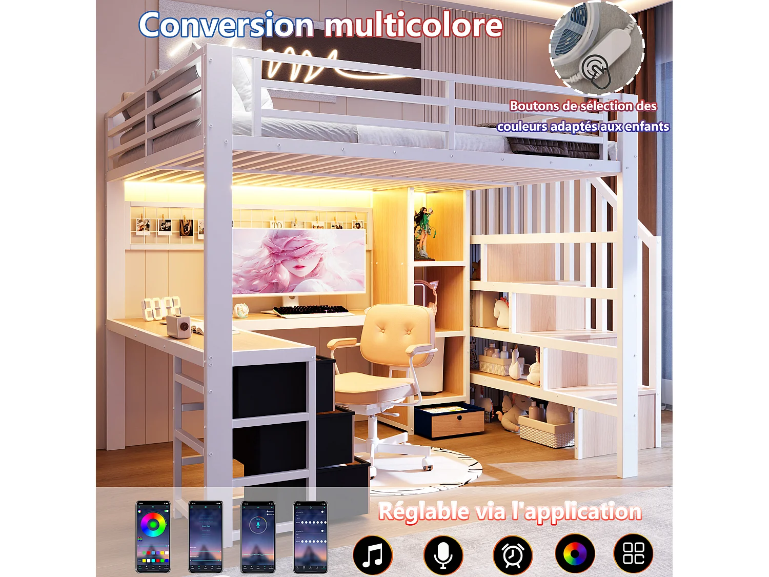 Lit mezzanine enfant - 140 x 200 cm - structure en fer - avec 4 tiroirs + étagère + escalier de rangement + Leds + bureau - métal - blanc