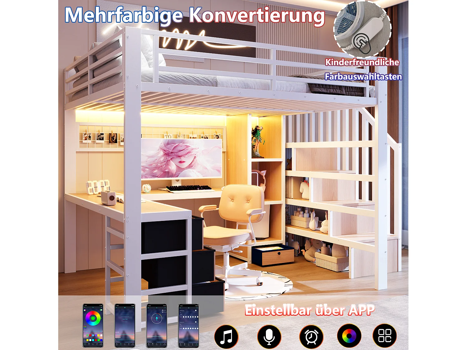 Lit mezzanine enfant - 140 x 200 cm - structure en fer - avec 4 tiroirs + étagère + escalier de rangement + Leds + bureau - métal - blanc