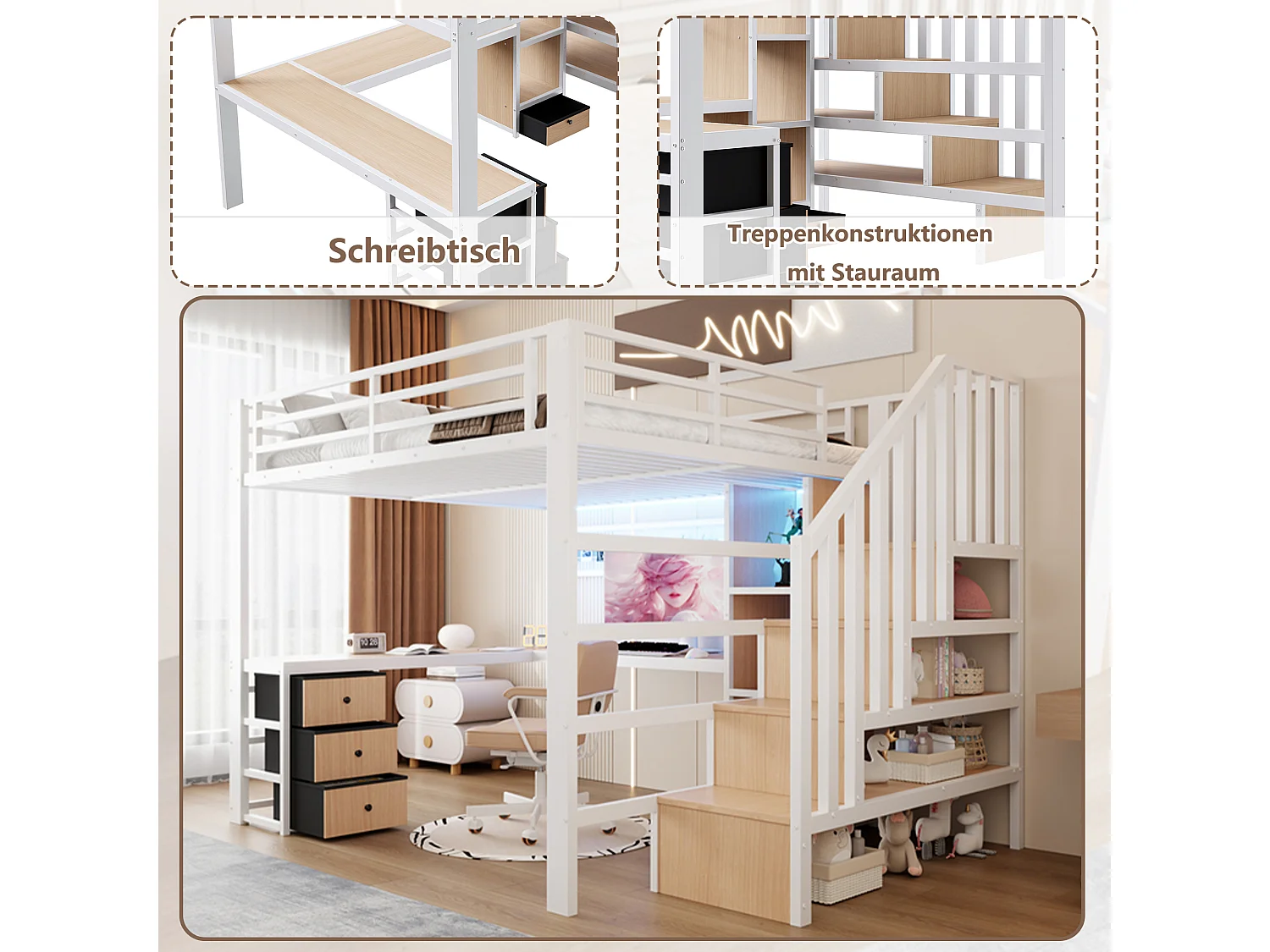 Lit mezzanine enfant - 140 x 200 cm - structure en fer - avec 4 tiroirs + étagère + escalier de rangement + Leds + bureau - métal - blanc