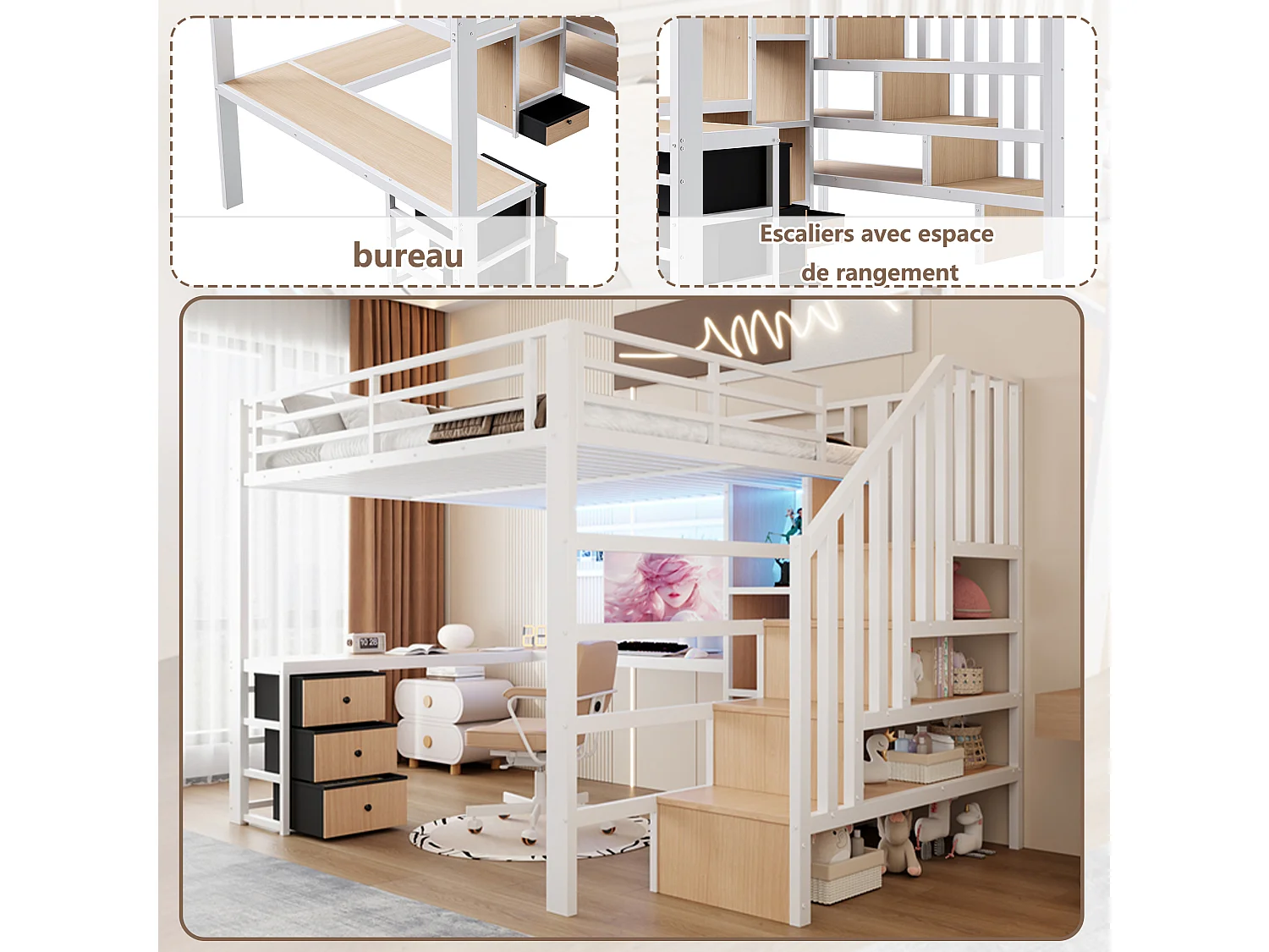 Lit mezzanine enfant - 140 x 200 cm - structure en fer - avec 4 tiroirs + étagère + escalier de rangement + Leds + bureau - métal - blanc