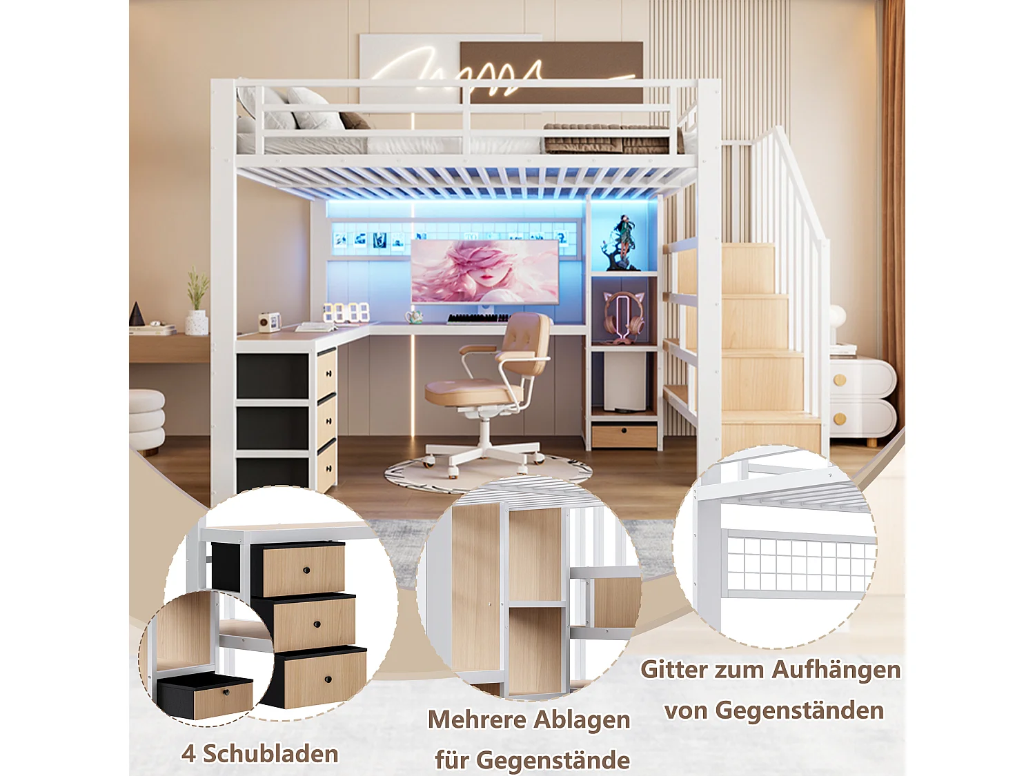 Lit mezzanine enfant - 140 x 200 cm - structure en fer - avec 4 tiroirs + étagère + escalier de rangement + Leds + bureau - métal - blanc