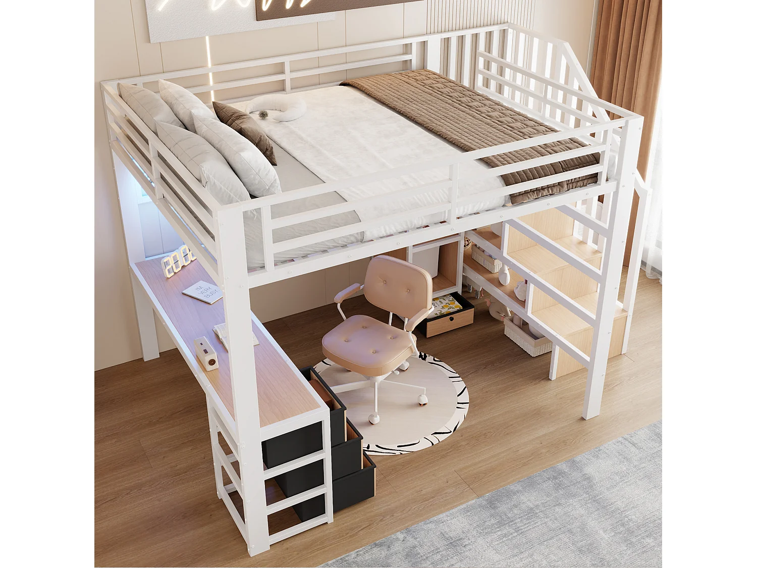 Lit mezzanine enfant - 140 x 200 cm - structure en fer - avec 4 tiroirs + étagère + escalier de rangement + Leds + bureau - métal - blanc