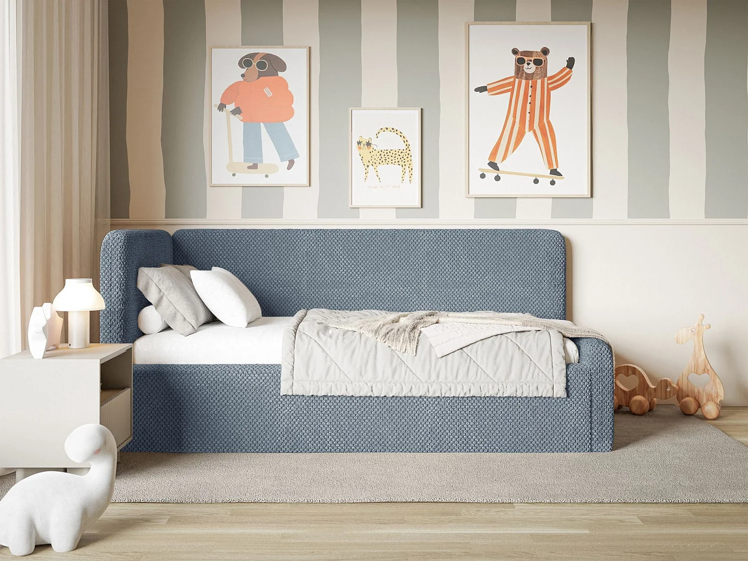 Lit junior 90x200 – matelas, tête de lit à gauche – en peluche – bleu – FANKO