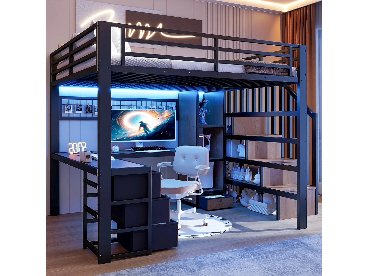 Lit mezzanine enfant - 140 x 200 cm - structure en fer - avec 4 tiroirs + étagère + escalier de rangement + Leds + bureau - métal - noir