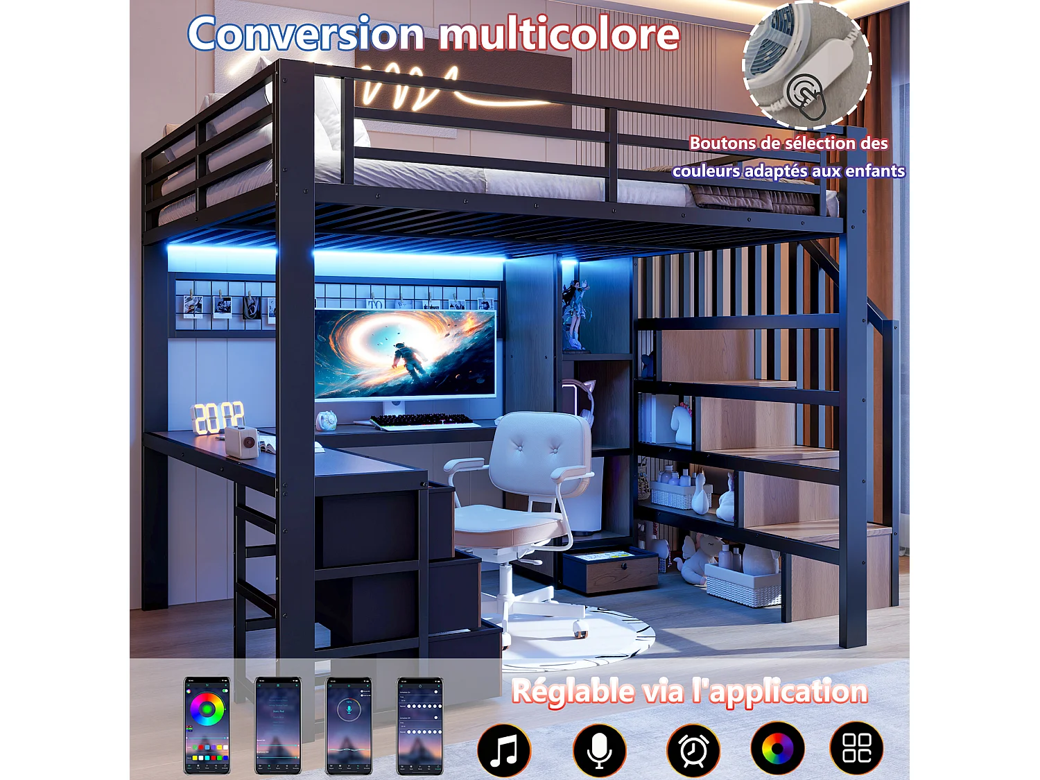 Lit mezzanine enfant - 140 x 200 cm - structure en fer - avec 4 tiroirs + étagère + escalier de rangement + Leds + bureau - métal - noir