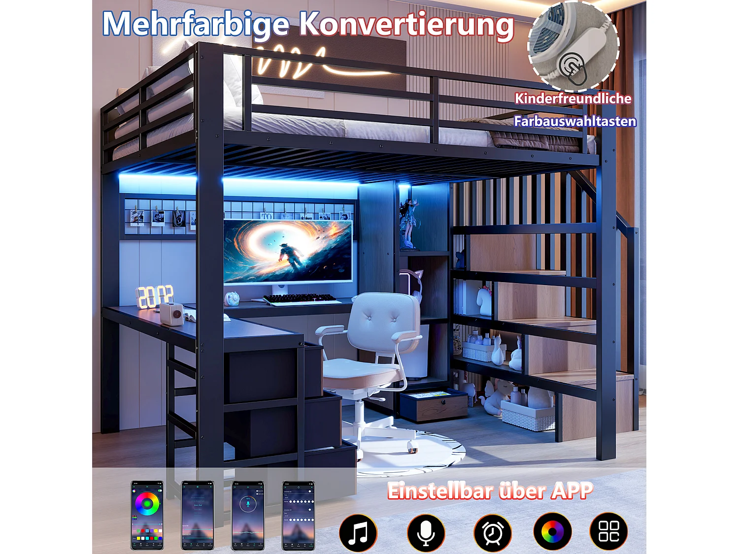 Lit mezzanine enfant - 140 x 200 cm - structure en fer - avec 4 tiroirs + étagère + escalier de rangement + Leds + bureau - métal - noir