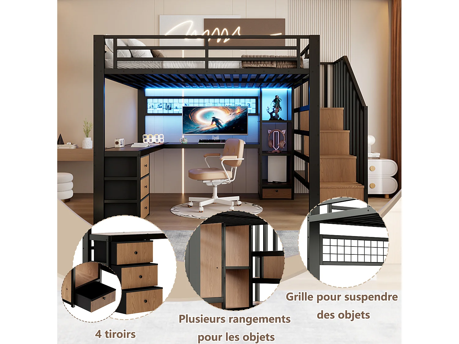 Lit mezzanine enfant - 140 x 200 cm - structure en fer - avec 4 tiroirs + étagère + escalier de rangement + Leds + bureau - métal - noir