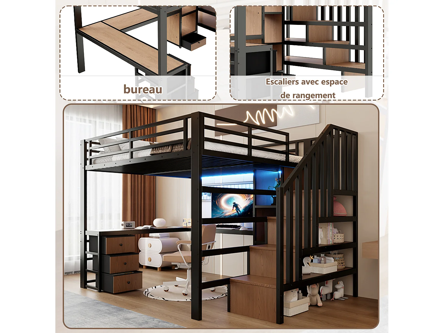 Lit mezzanine enfant - 140 x 200 cm - structure en fer - avec 4 tiroirs + étagère + escalier de rangement + Leds + bureau - métal - noir