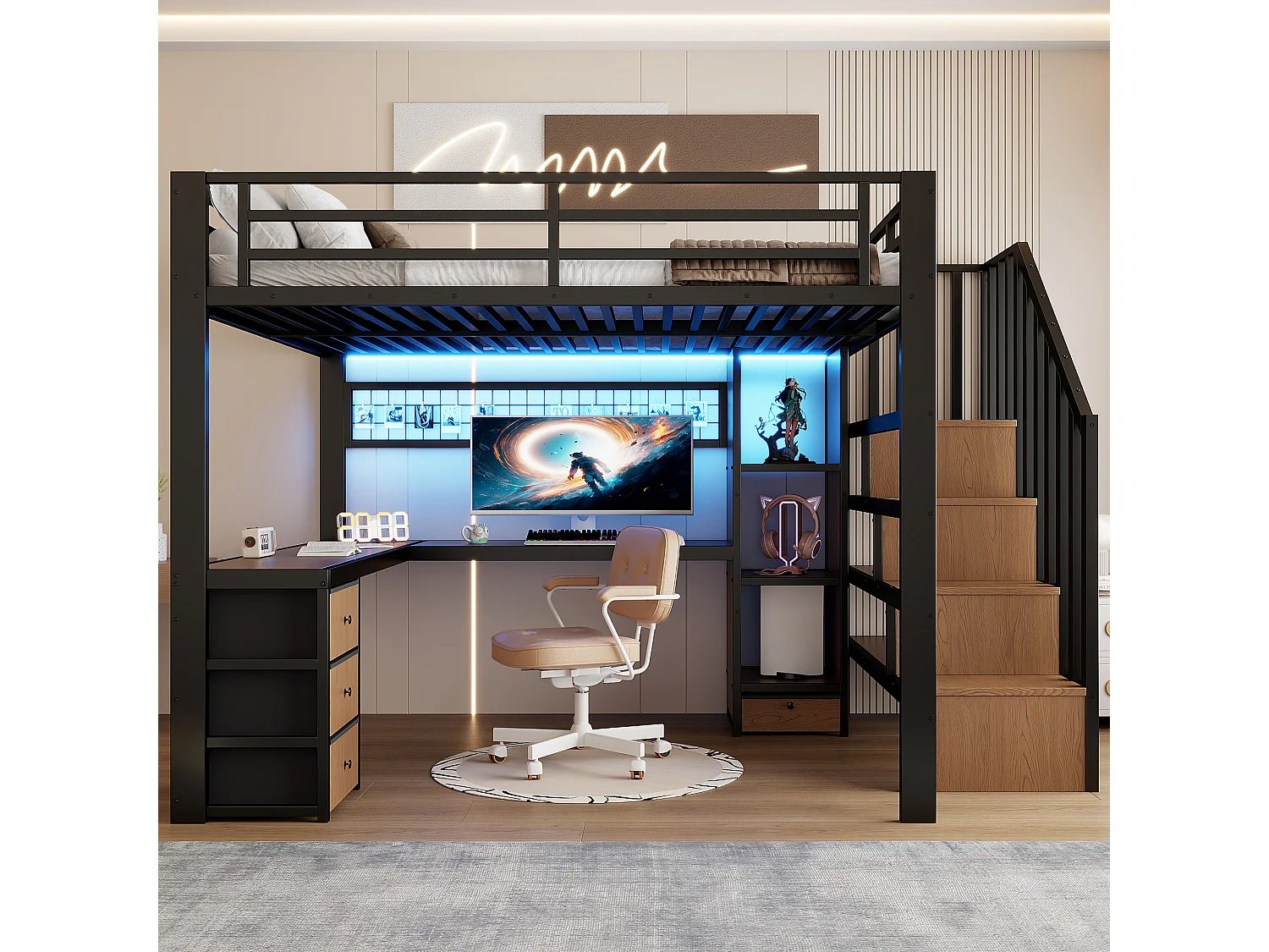 Lit mezzanine enfant - 140 x 200 cm - structure en fer - avec 4 tiroirs + étagère + escalier de rangement + Leds + bureau - métal - noir