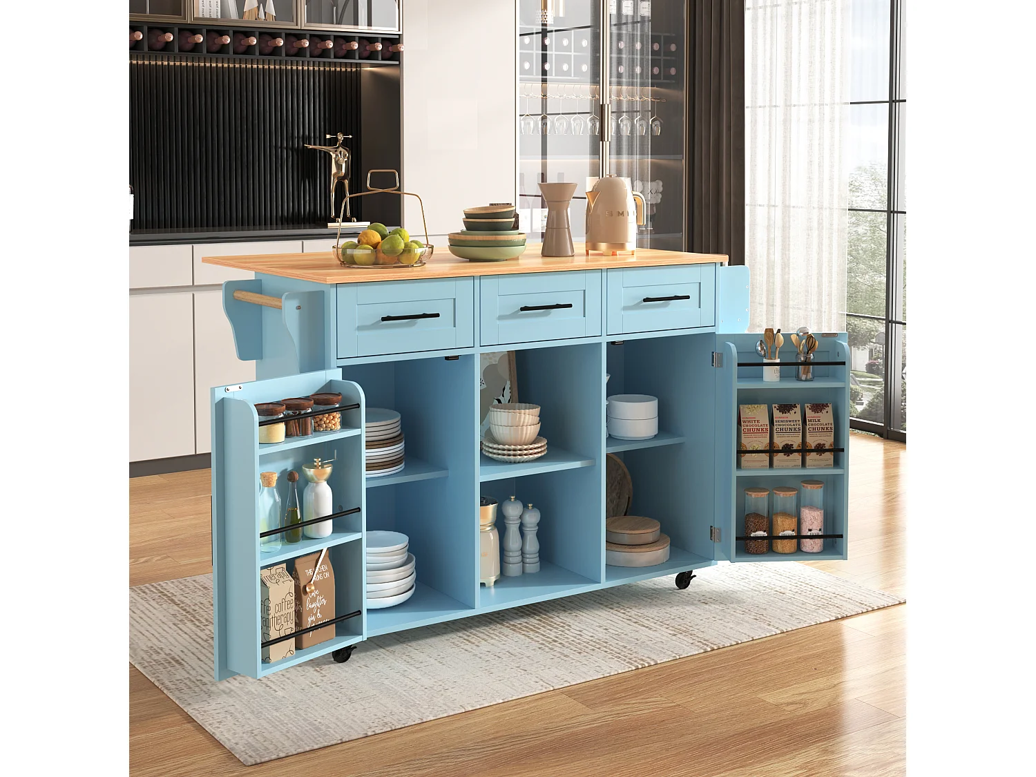 Keukeneiland op wielen met een inklapbaar blad - 139 x 46 (71) x 91,5 cm - met 2 deuren + 3 lades + planken - MDF - blauw