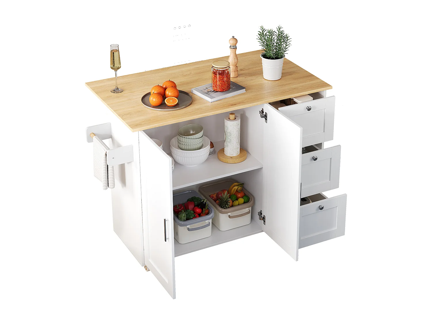 Îlot central mobile avec plan pliable - 135 x 44/70 x 90 cm - avec 3 tiroirs + 2 portes - MDF - blanc
