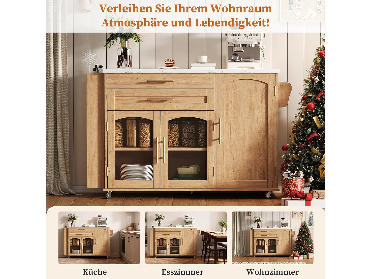 Îlot de cuisine mobile avec plan de travail pliable - 138 x 45 (70) x 90 cm - avec étagère + 2 tiroir + 3 portes - MDF - naturel