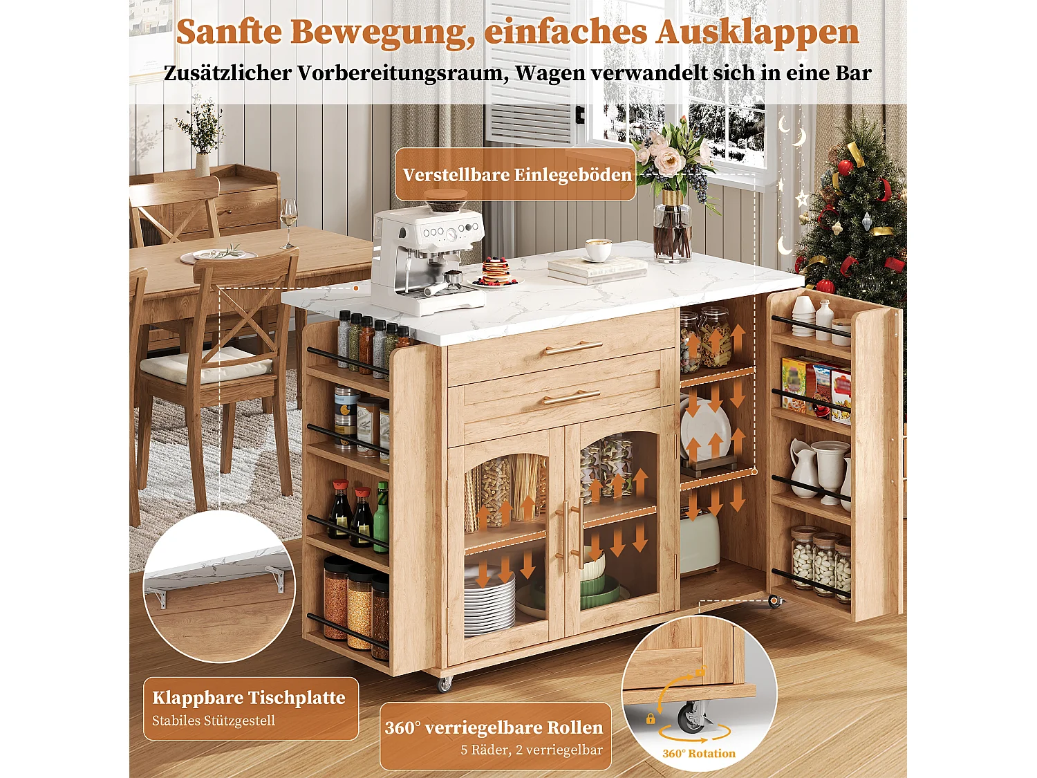 Îlot de cuisine mobile avec plan de travail pliable - 138 x 45 (70) x 90 cm - avec étagère + 2 tiroir + 3 portes - MDF - naturel