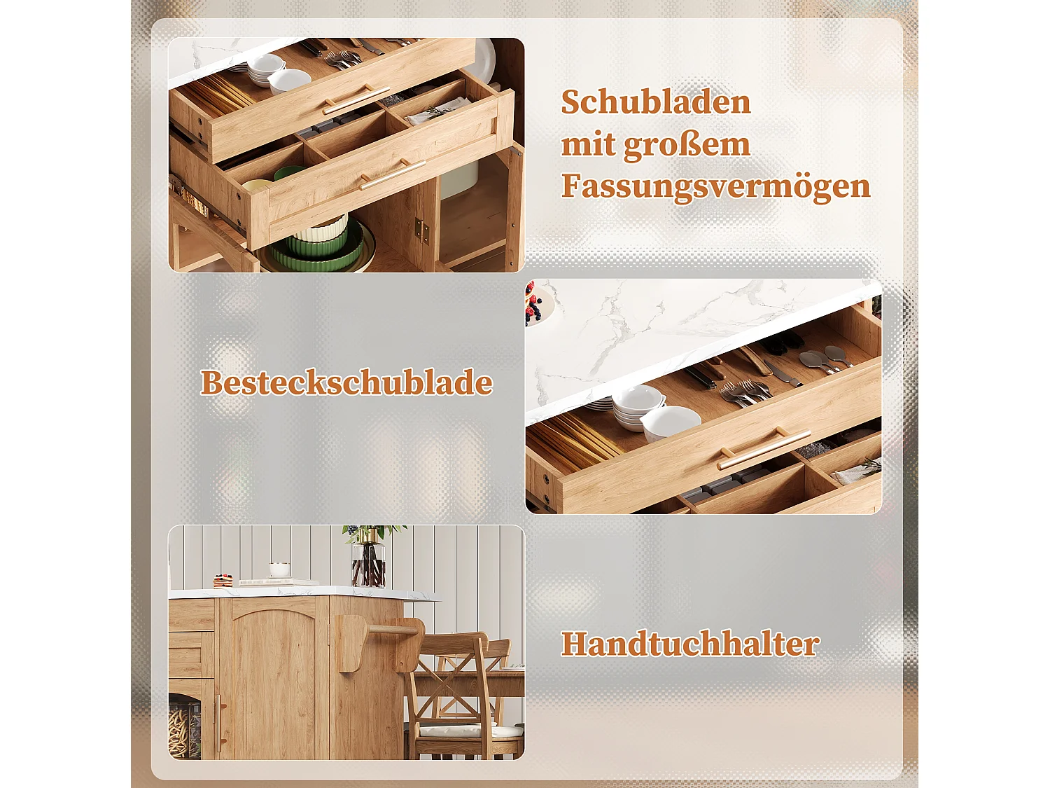 Îlot de cuisine mobile avec plan de travail pliable - 138 x 45 (70) x 90 cm - avec étagère + 2 tiroir + 3 portes - MDF - naturel