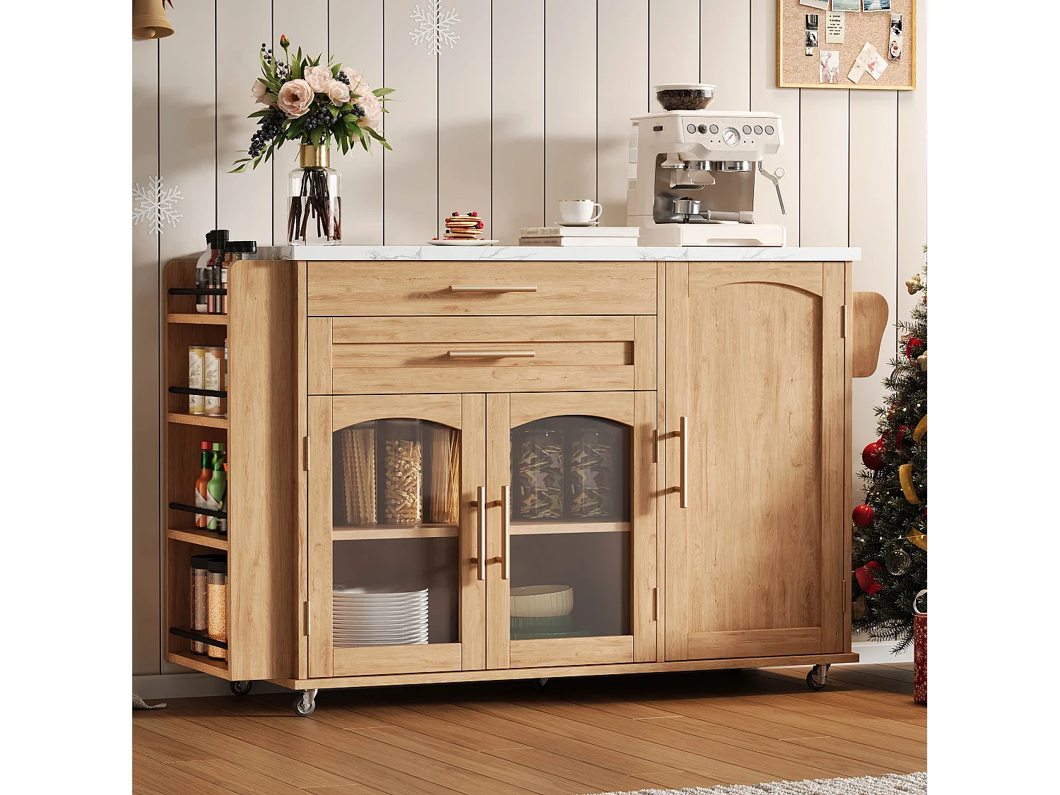 Îlot de cuisine mobile avec plan de travail pliable - 138 x 45 (70) x 90 cm - avec étagère + 2 tiroir + 3 portes - MDF - naturel